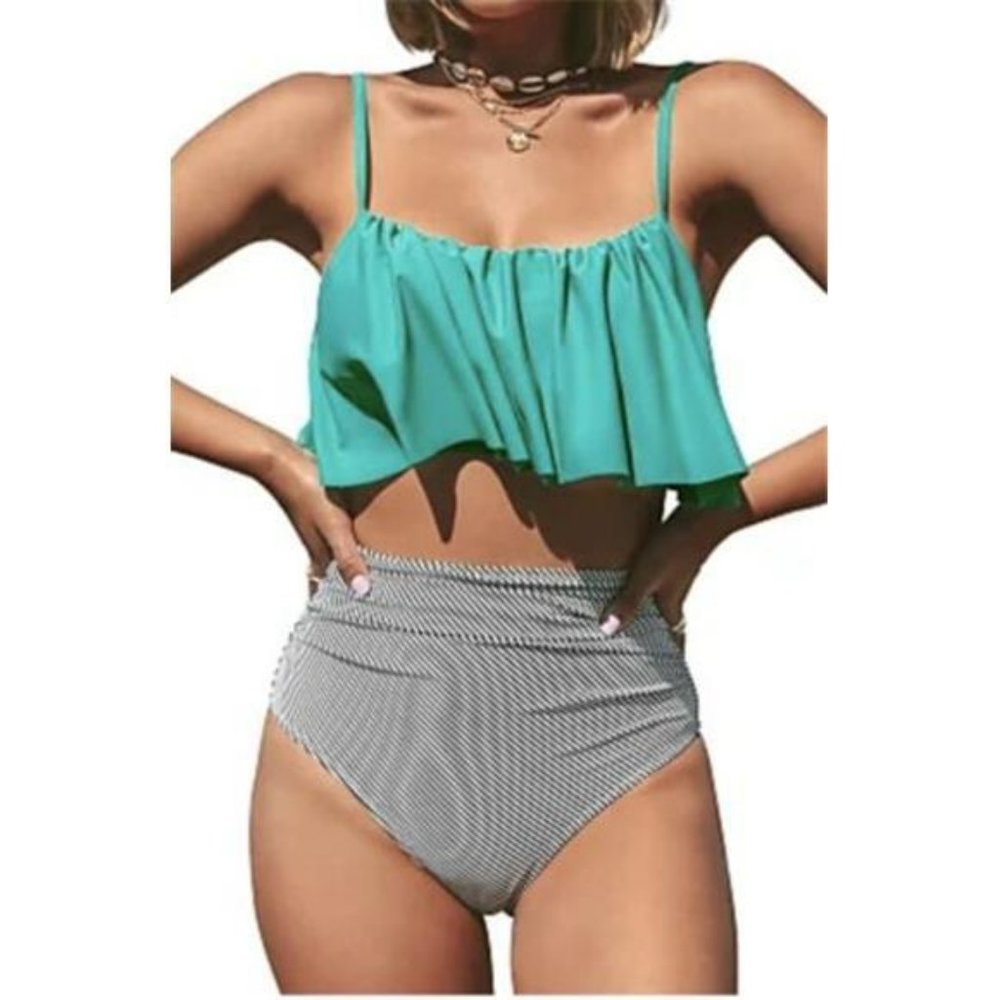 Striped Solid Color Ruffled Tankini - High Waist Size M